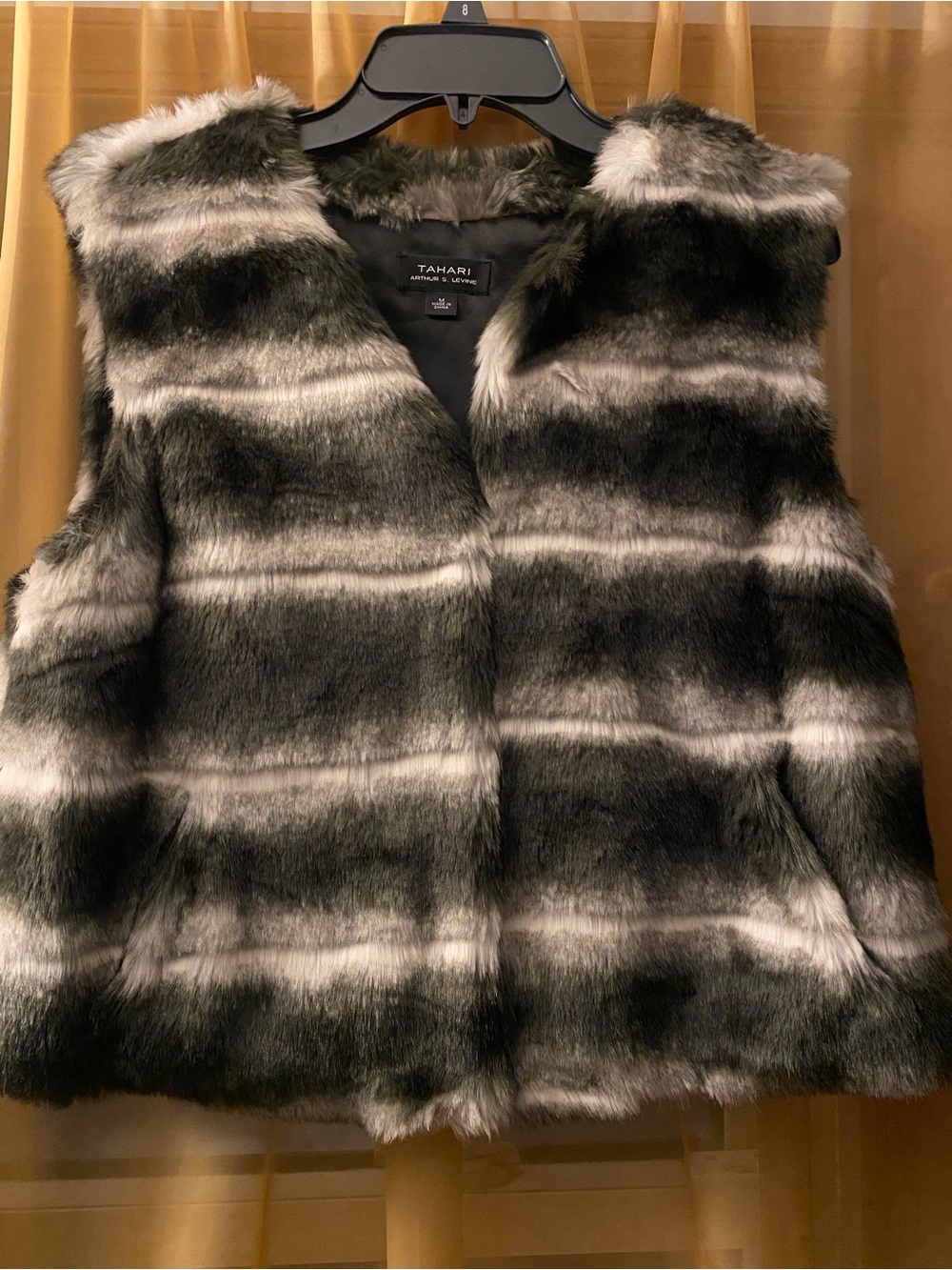 Tahari Black and Gray Striped Faux Fur Vest